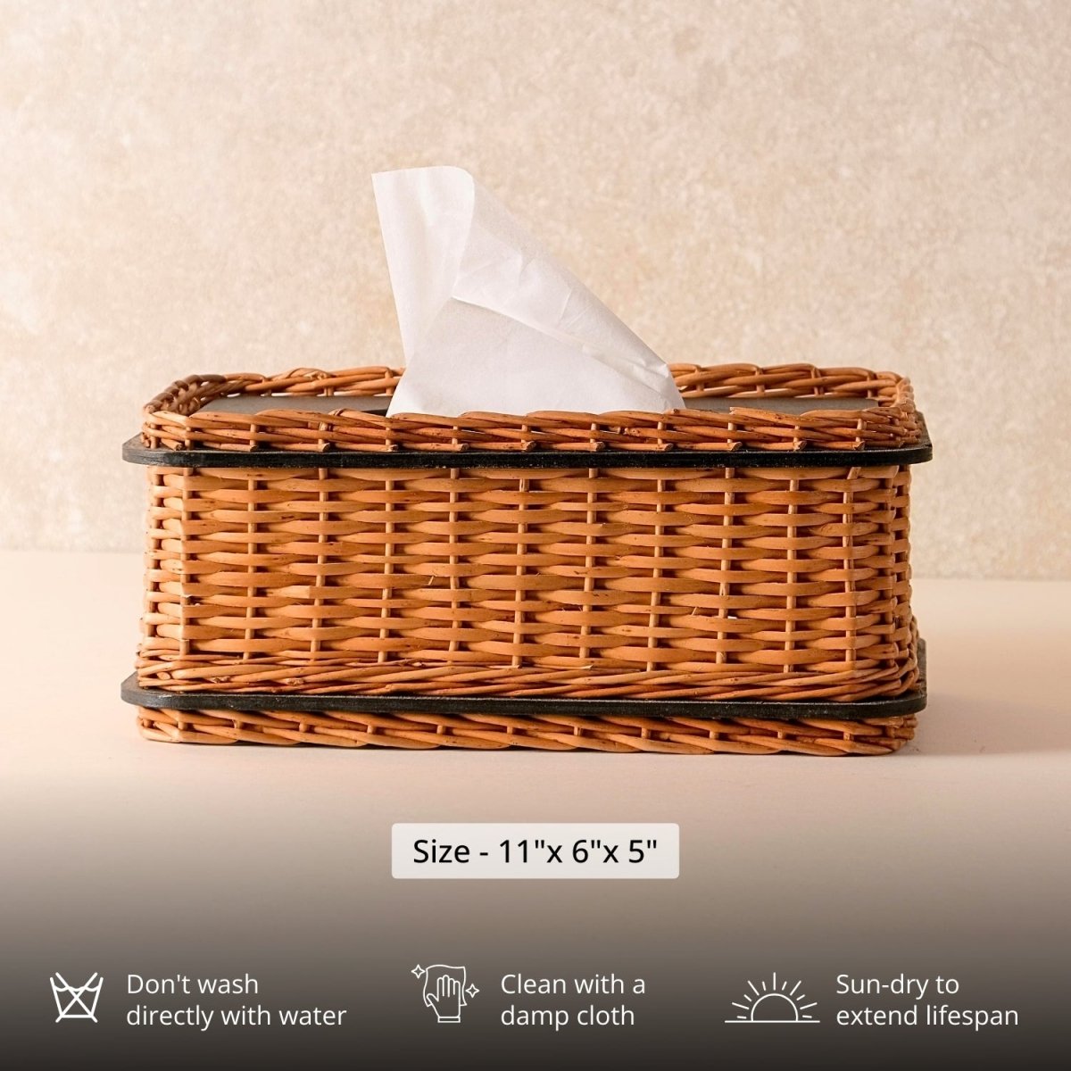 Wicker & Wood Fruit Basket With 2 Tiers & Tissue Box Combo | Handcrafted in Kashmir