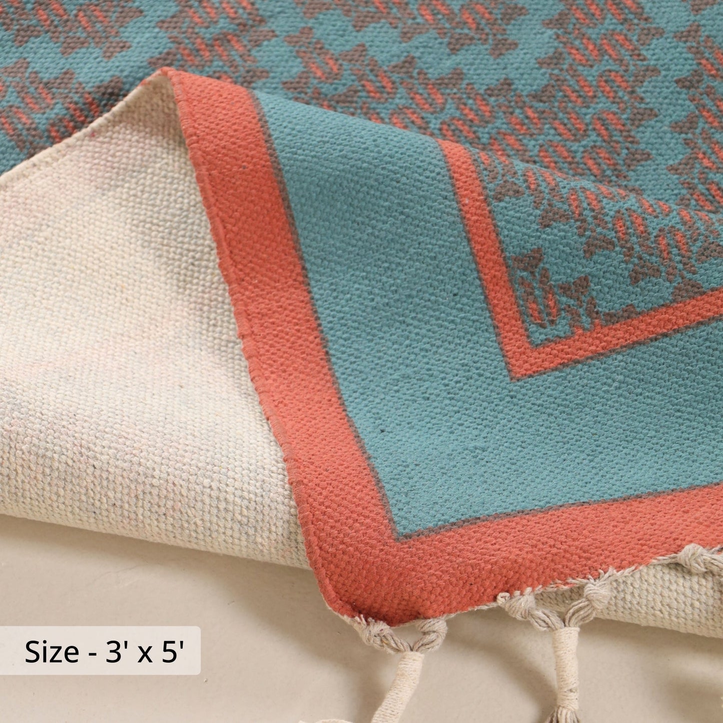 Pure Cotton Rug in size 3X5ft in Teal and Coral | Ideal for Living Room and Bedroom | Dry Clean only | Chintz Collection