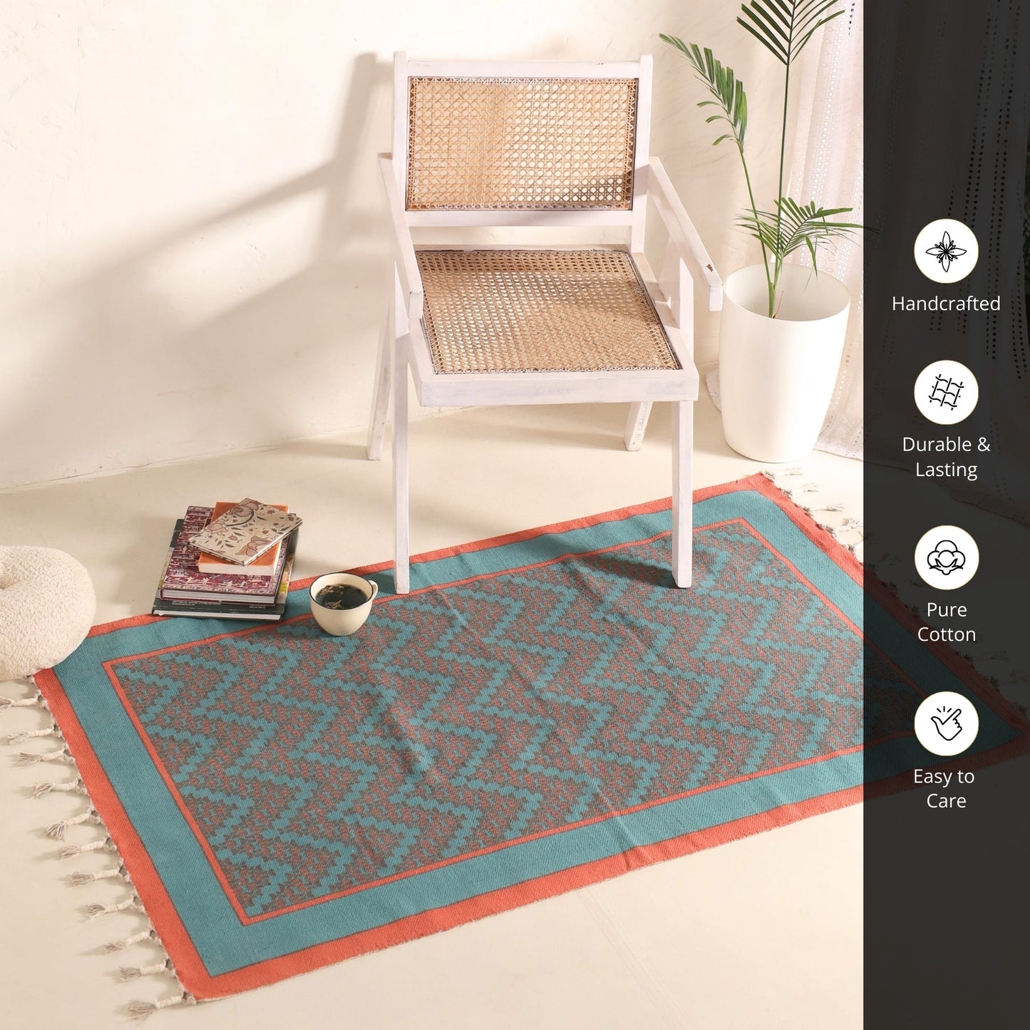 Pure Cotton Rug in size 3X5ft in Teal and Coral | Ideal for Living Room and Bedroom | Dry Clean only | Chintz Collection