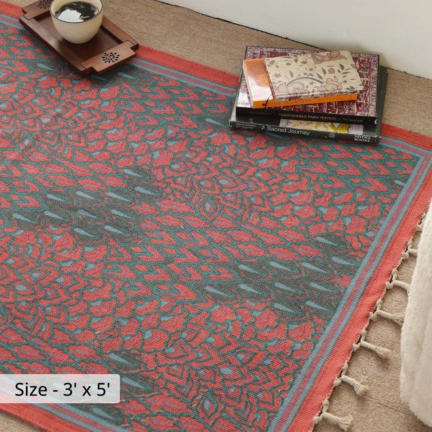 Pure Cotton Rug in size 3X5ft in Coral and Teal | Ideal for Living Room or Bedroom | Dry Clean only | Chintz Collection