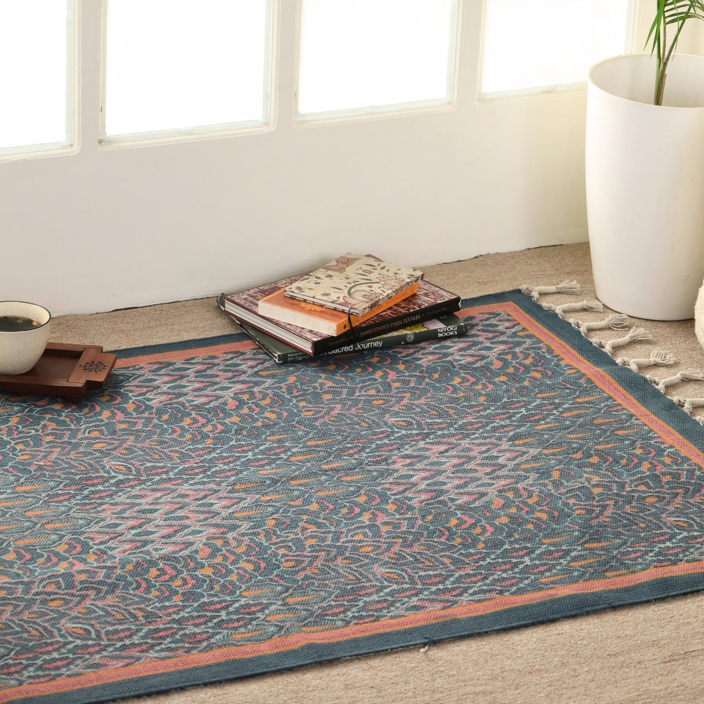 Pure Cotton Rug in size 3X5ft in Navy| Coral and Powder Blue| Ideal for Living Room or Bedroom | Dry Clean only | Chintz Collection
