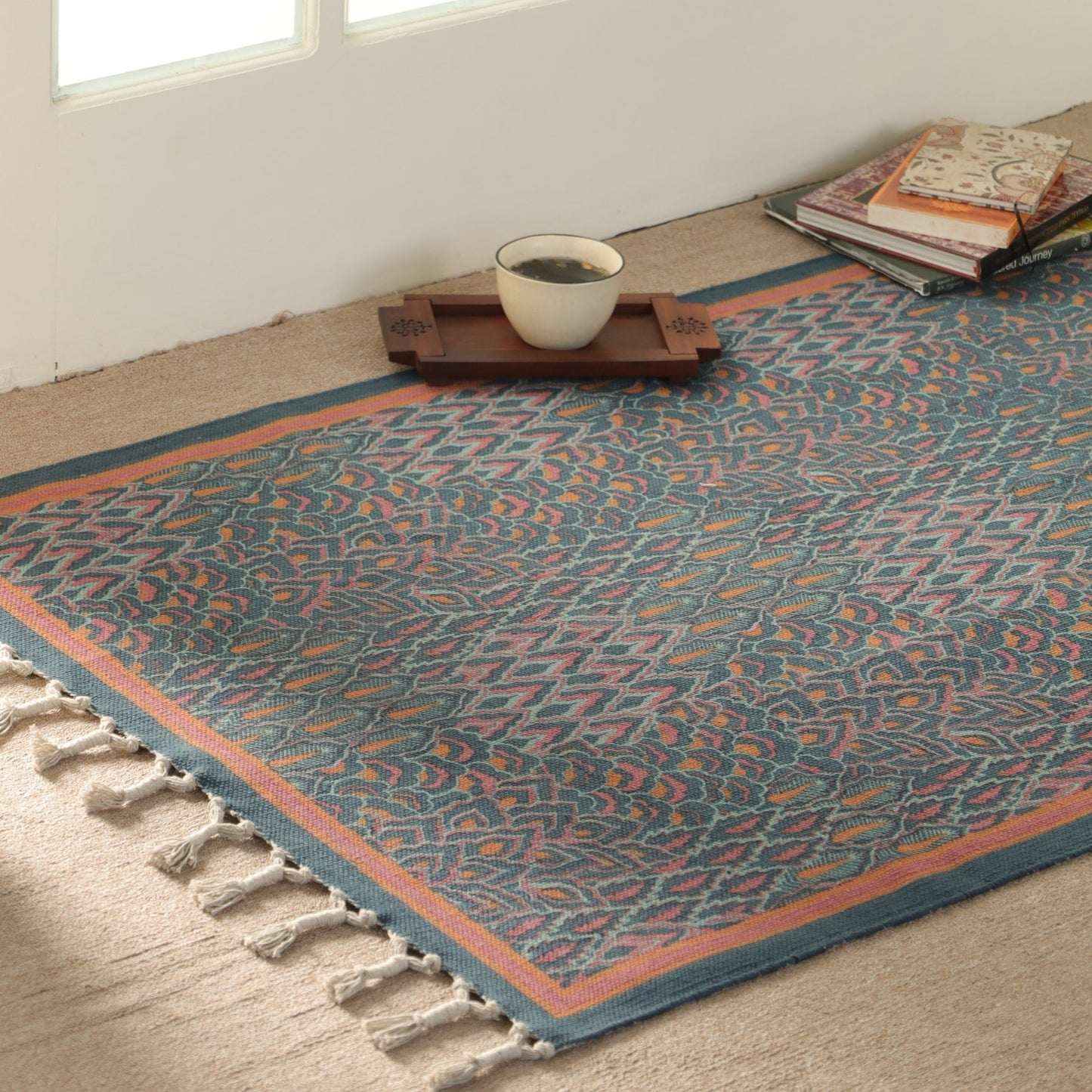 Pure Cotton Rug in size 3X5ft in Navy| Coral and Powder Blue| Ideal for Living Room or Bedroom | Dry Clean only | Chintz Collection