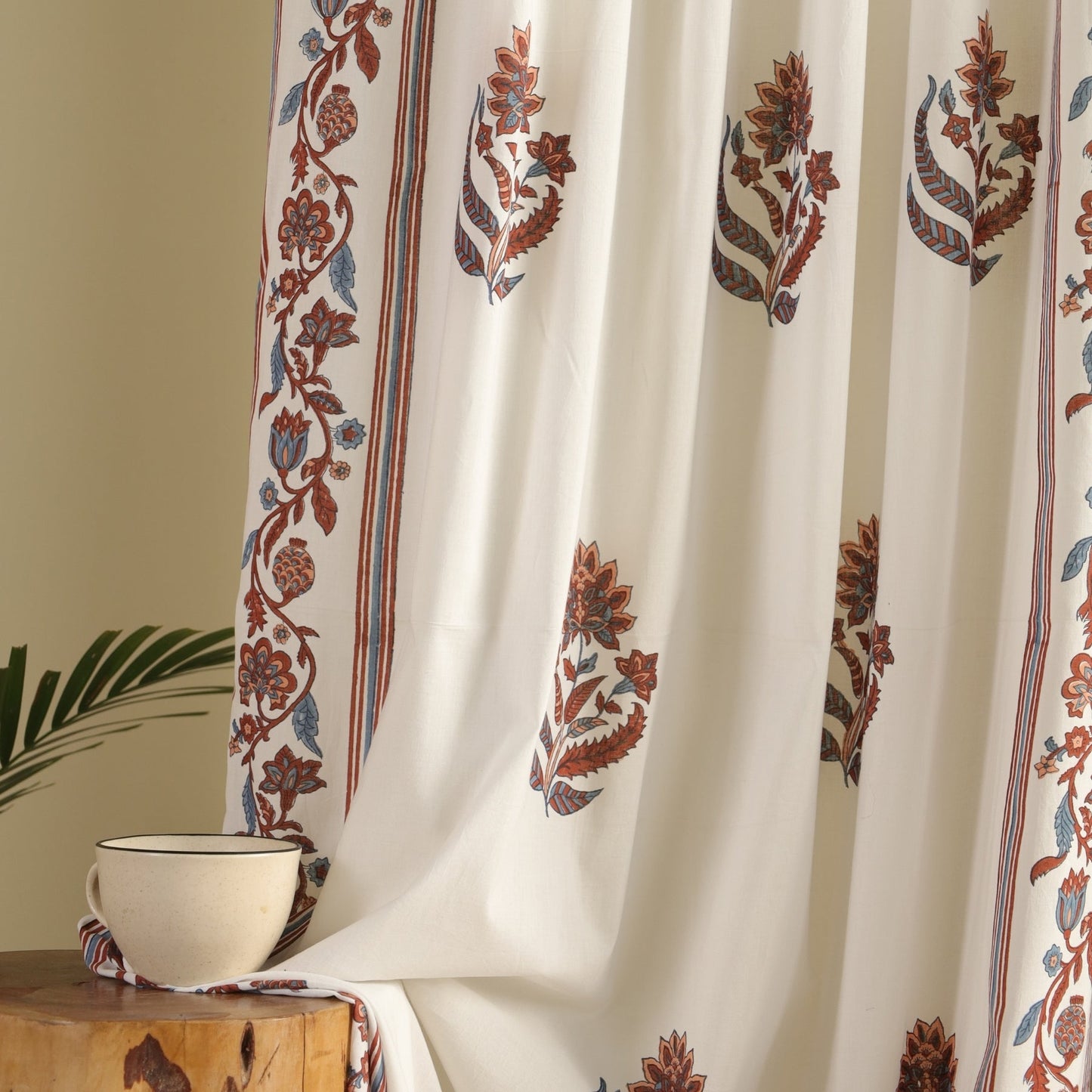 Pure Cotton Sheer Door Curtain in 7ft |Off White Brick Red and Navy | Gentle Machine Wash or Hand Wash | Chintz Collection