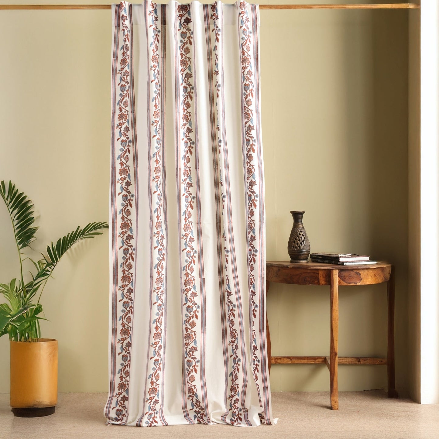 Pure Cotton Sheer Door Curtain in 7ft |Off White Brick Red and Navy | Striped Floral Pattern | Gentle Machine or Hand Wash| Chintz collection
