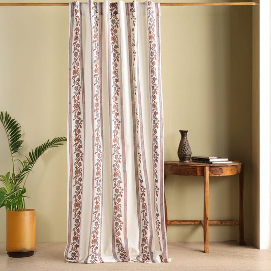 Pure Cotton Sheer Door Curtain in 7ft |Off White Brick Red and Navy | Striped Floral Pattern | Gentle Machine or Hand Wash| Chintz collection