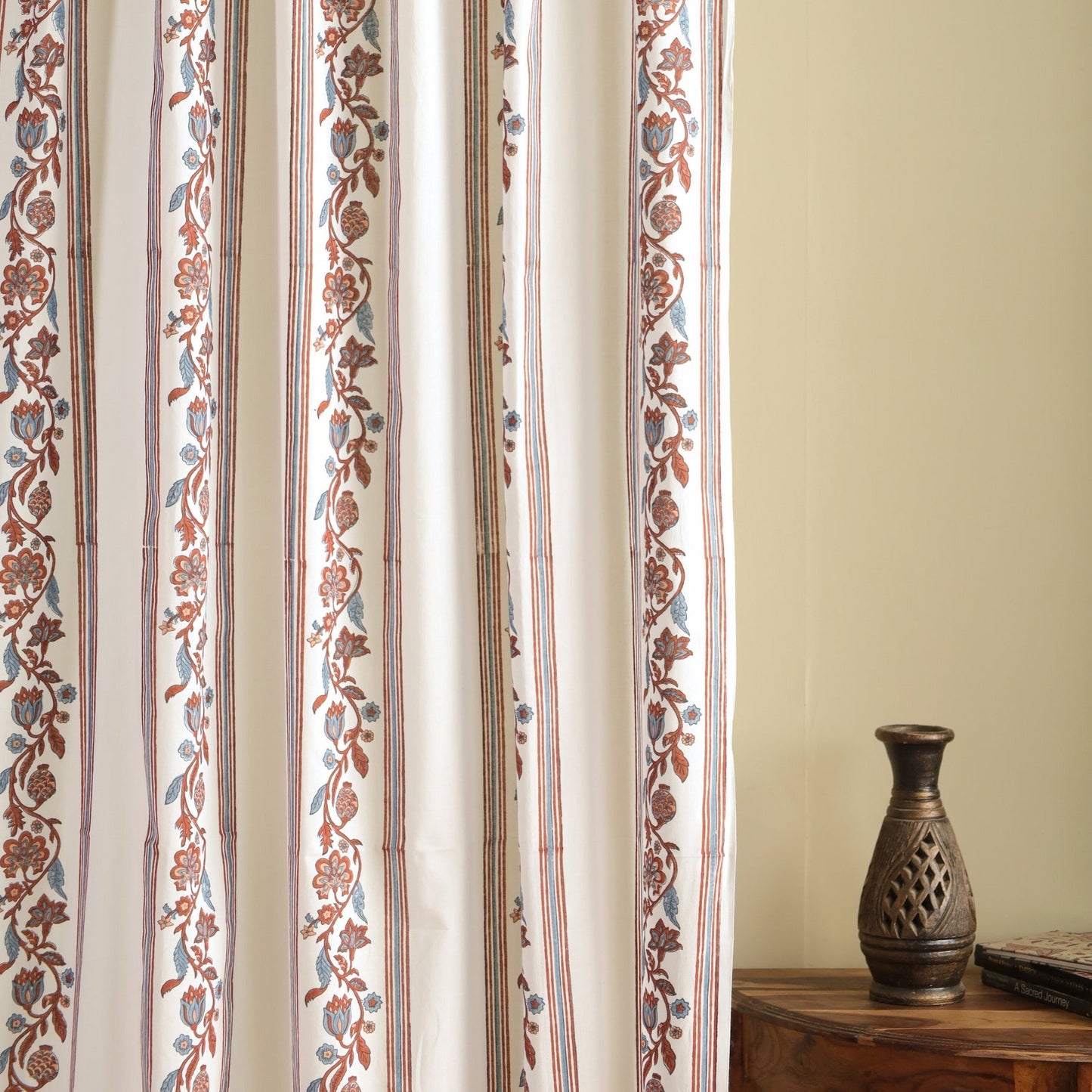 Pure Cotton Sheer Door Curtain in 7ft |Off White Brick Red and Navy | Striped Floral Pattern | Gentle Machine or Hand Wash| Chintz collection