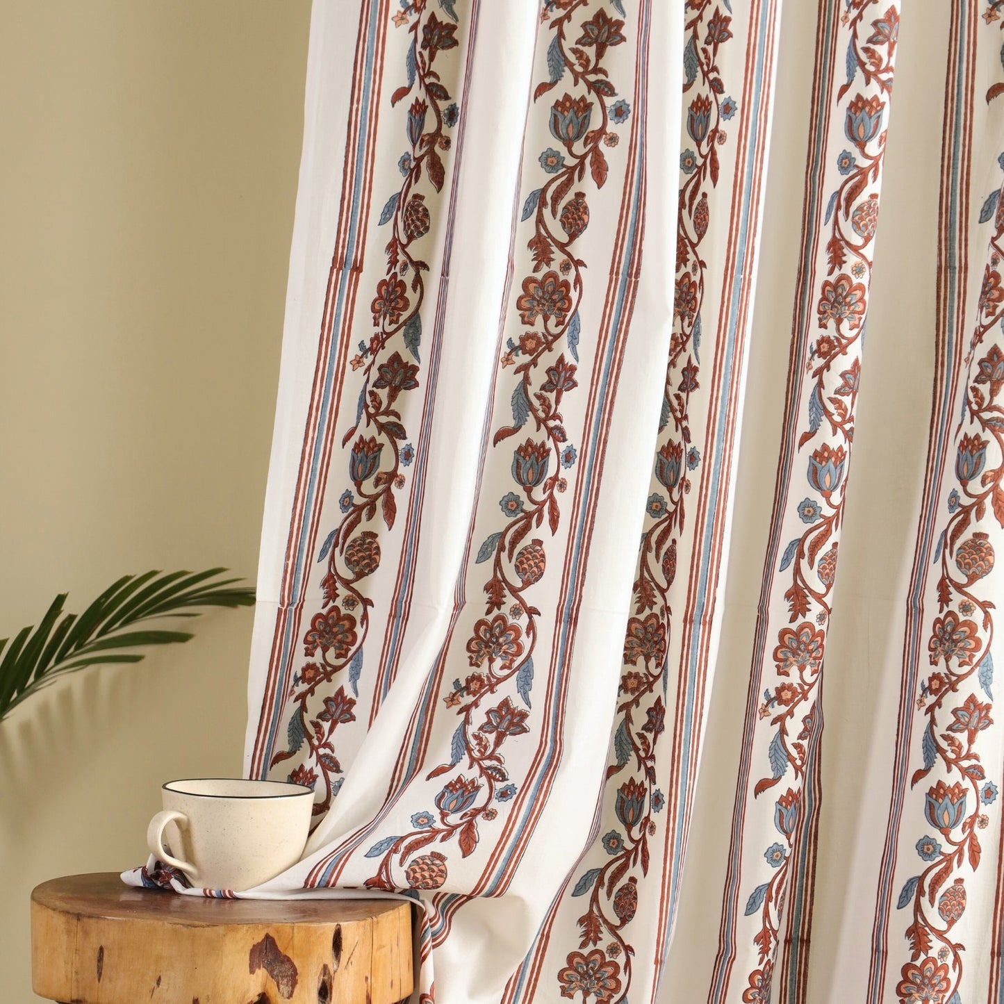 Pure Cotton Sheer Door Curtain in 7ft |Off White Brick Red and Navy | Striped Floral Pattern | Gentle Machine or Hand Wash| Chintz collection