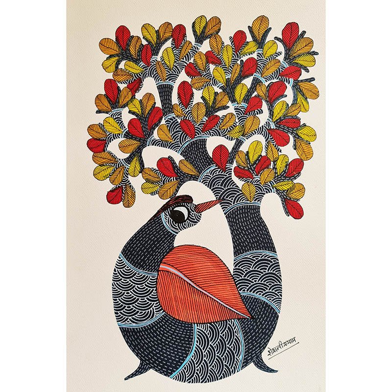 Vibrant original painting of a traditional tribal 'Tree Peacock' design, highlighting the beauty of indigenous art