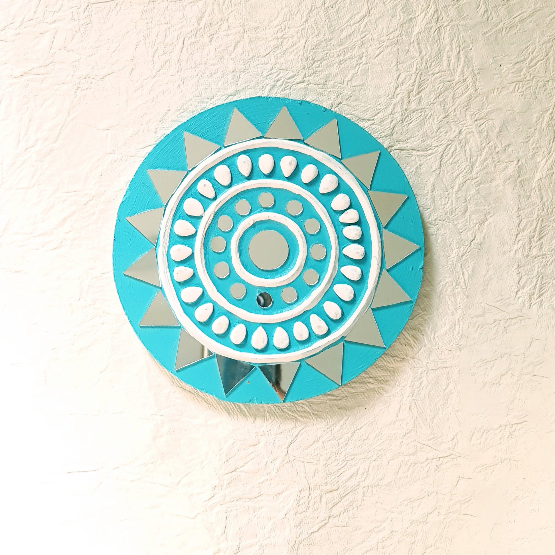 Decorative set of 2 round turquoise handcrafted mud and mirror work wall decor pieces