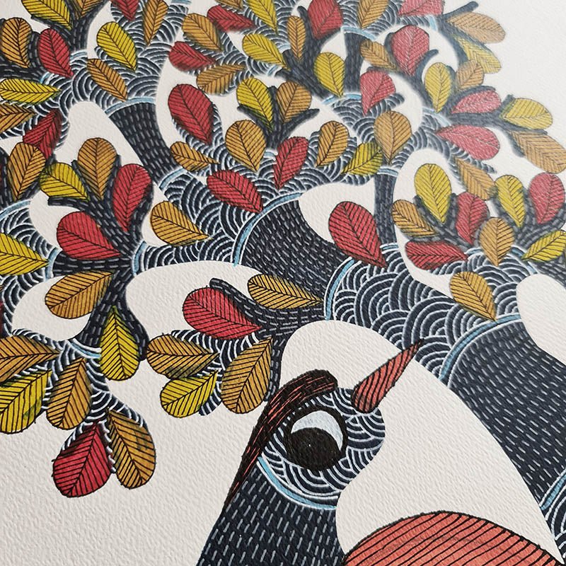 Traditional tribal painting titled 'Tree Peacock', featuring vibrant colors and a unique artistic style