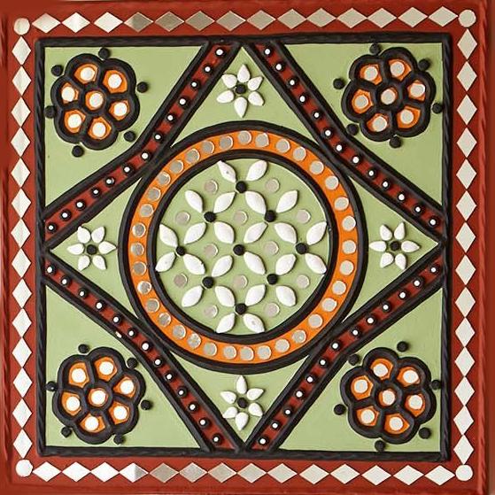 Green patterned handcrafted mud and mirror wall art, featuring intricate design 