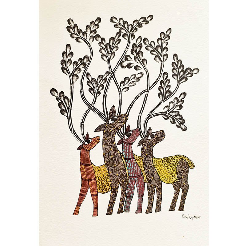 Original tribal artwork depicting a 'Herd of Deers', showcasing the rich cultural heritage of traditional painting