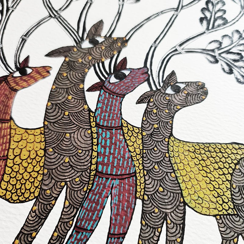 Original painting of a traditional tribal 'Herd of Deers', showcasing cultural artistry