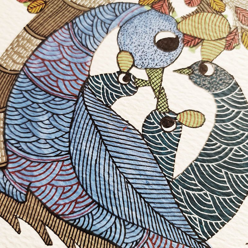 Original Gond painting depicting peacocks around the Tree of Life, showcasing the traditional artistry