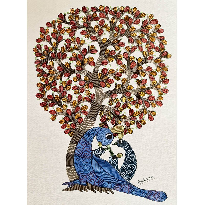 Original Gond tribal artwork featuring peacocks around the Tree of Life, showcasing the intricate patterns