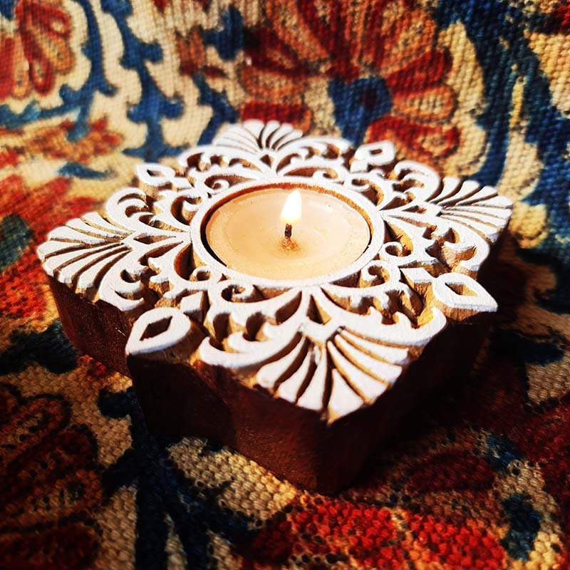 Tealight Holder - Square Handmade Wooden Candle Stand with Engravings.