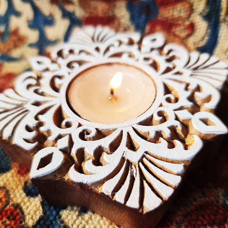 Handcrafted Square Wood Tealight Holder - Intricately Engraved Candle Stand