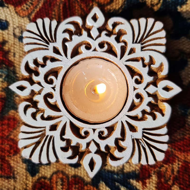 Square-shaped Handcrafted Wood Tealight Holder with Intricate Carvings