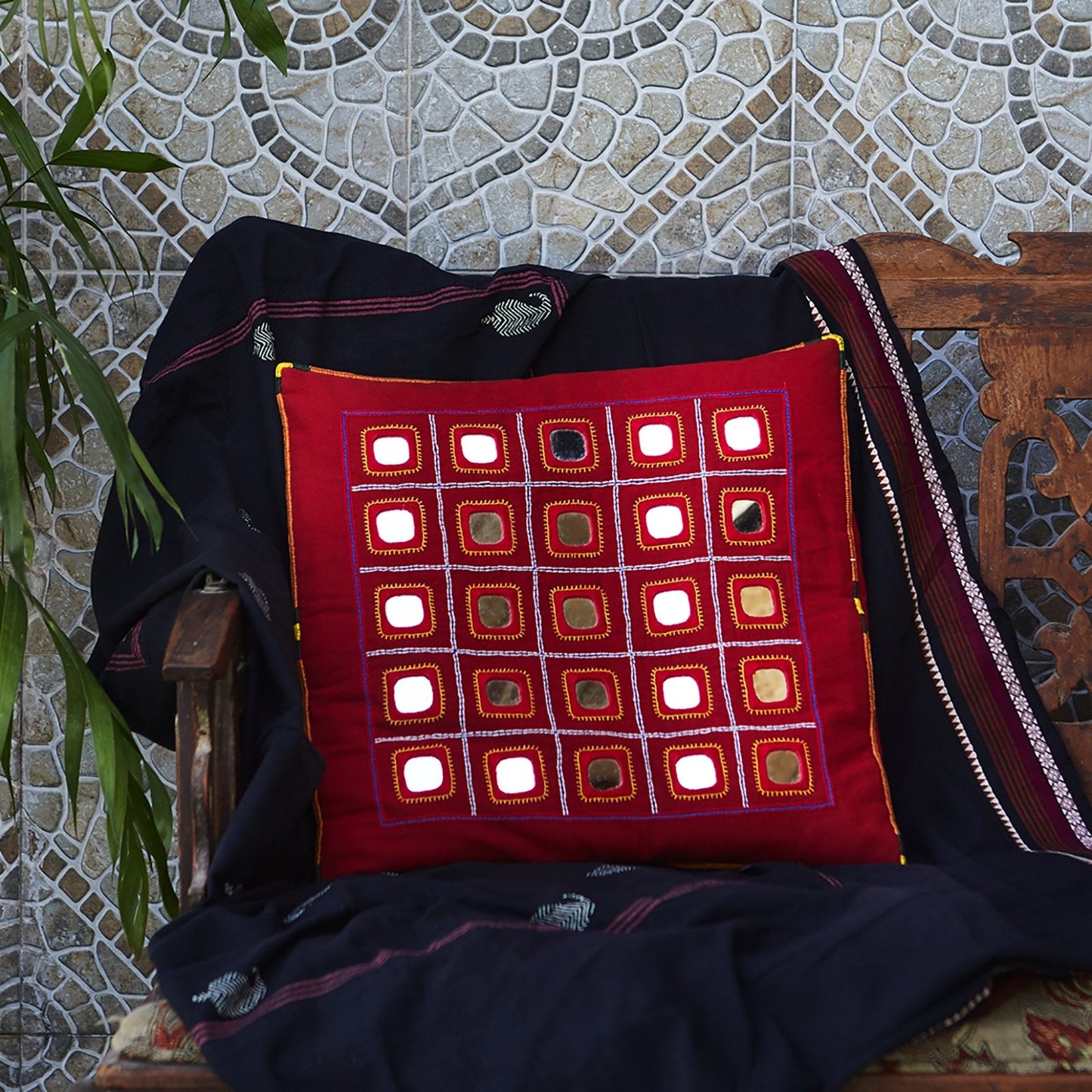 Red Embroidered Cushion Cover with Mirror Work - 16X16 inches