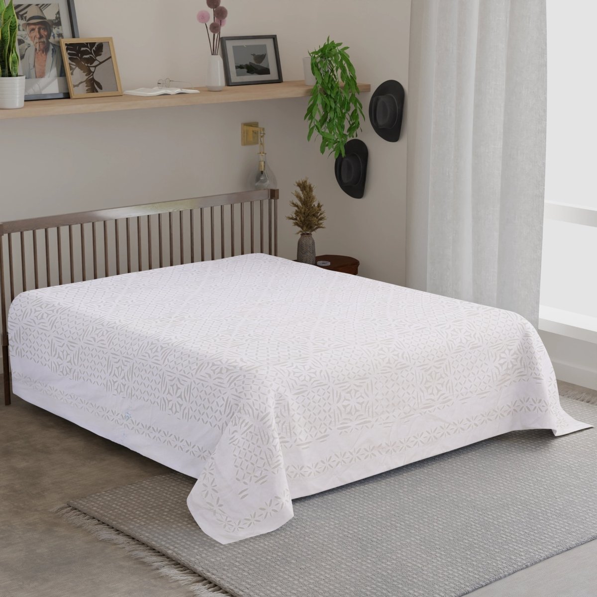 Applique Cutwork Cotton Double Bed Cover in White Summer Solace | Handmade in India