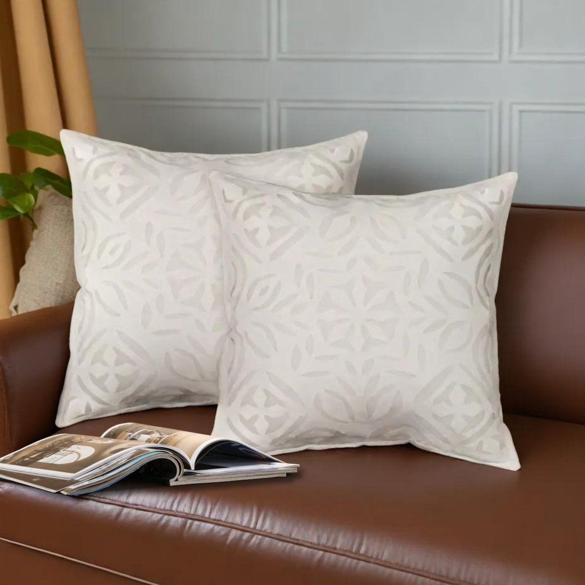Applique Work Cotton Cushion Cover in Off-White (Set of 1/2/4) | 16 x 16 inches | Handmade