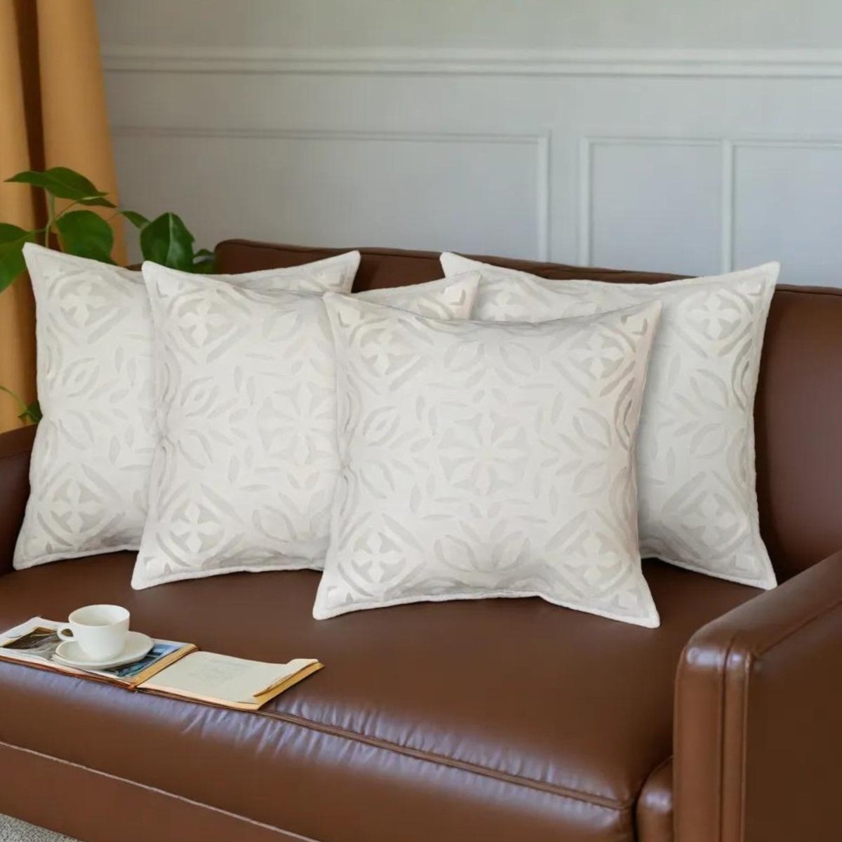 Applique Work Cotton Cushion Cover in Off-White (Set of 1/2/4) | 16 x 16 inches | Handmade