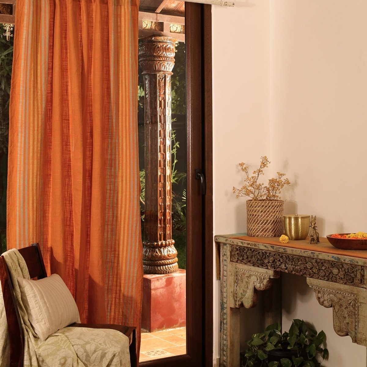 Apricot Rust Cotton Door Curtain | Length 7ft | Marigold Collection