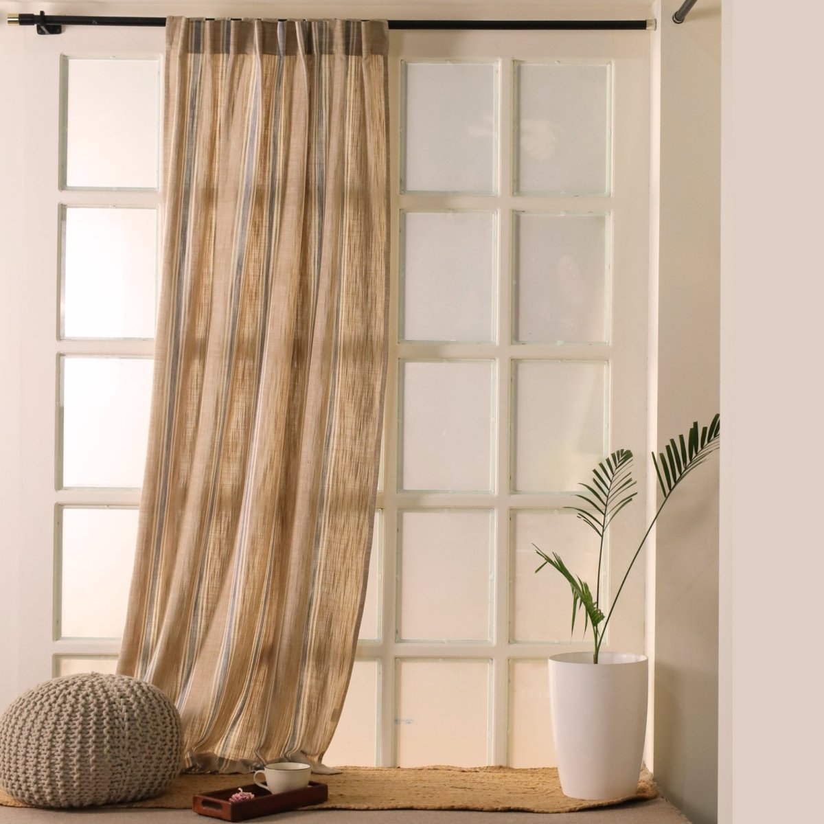 Beige & Blue Handwoven Cotton Striped Curtain | 7 ft/9 ft Length