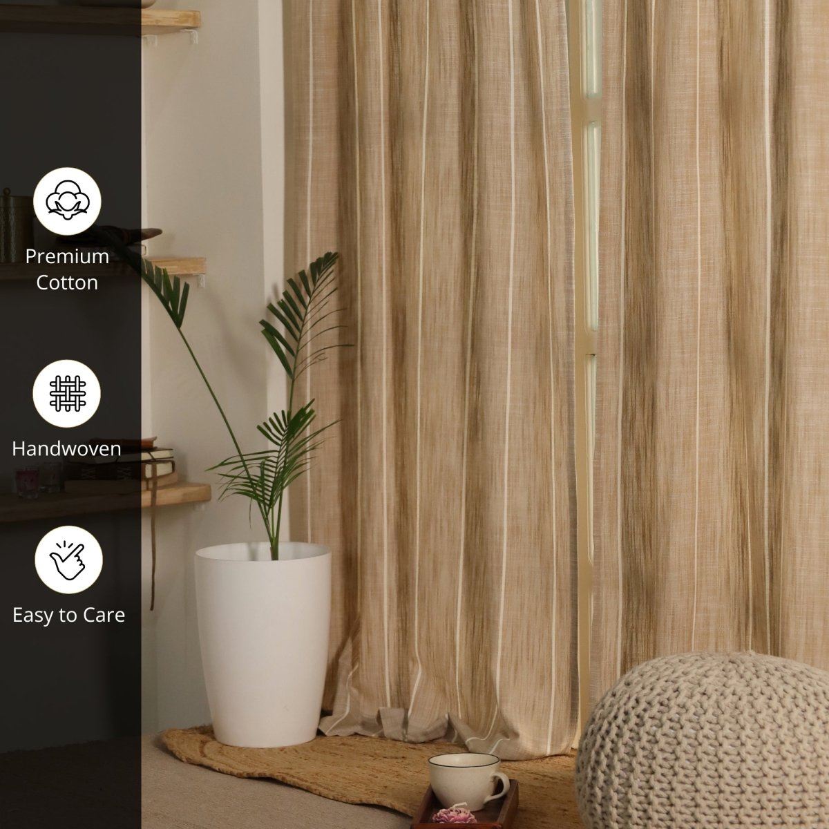 Beige Handwoven Cotton Striped Curtain | 7 ft /9 ft Length