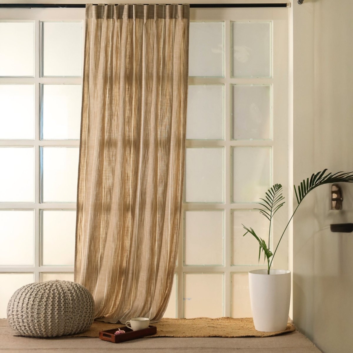 Beige Handwoven Cotton Striped Curtain | 7 ft /9 ft Length
