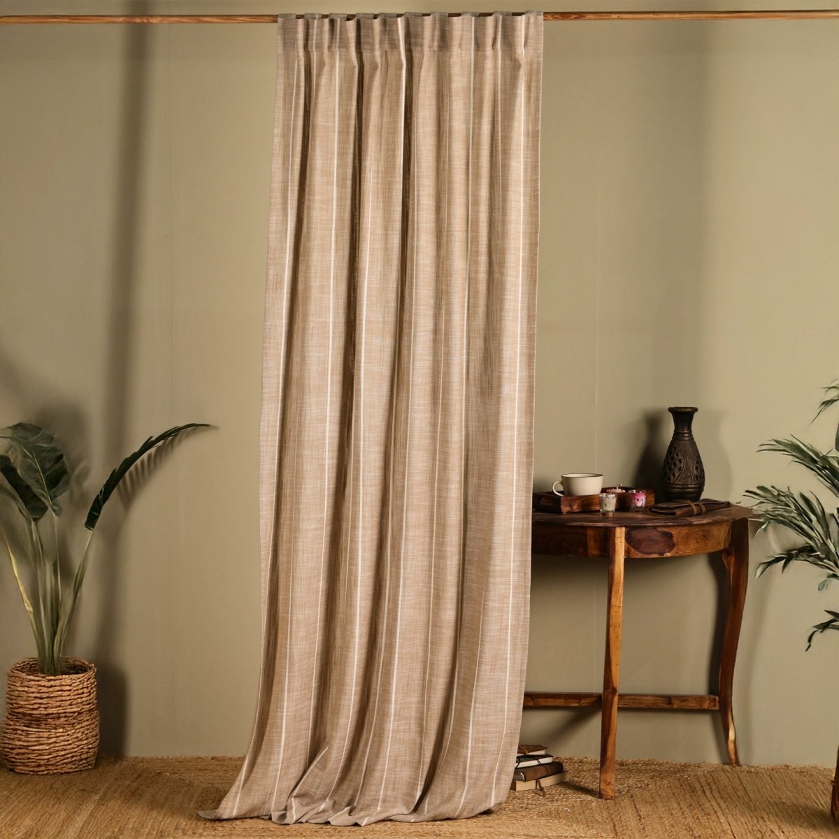 Beige Handwoven Cotton Striped Curtain | 7 ft /9 ft Length