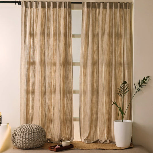 Beige Handwoven Cotton Striped Curtain | 7 ft /9 ft Length