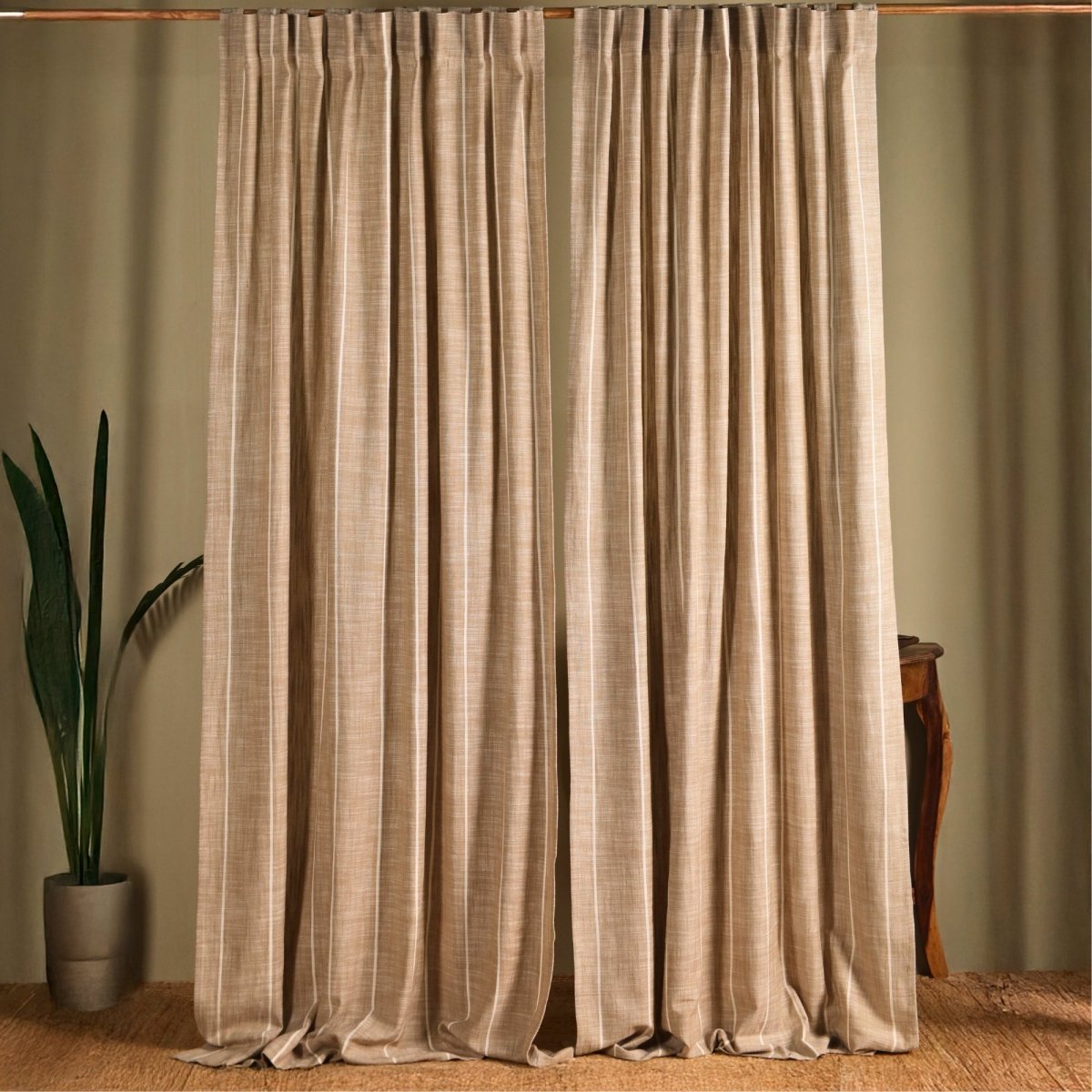 Beige Handwoven Cotton Striped Curtain | 7 ft /9 ft Length