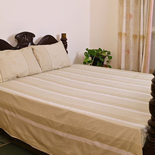 Beige & White Cotton Textured Bedsheet and Pillow Cover | Marigold Collection