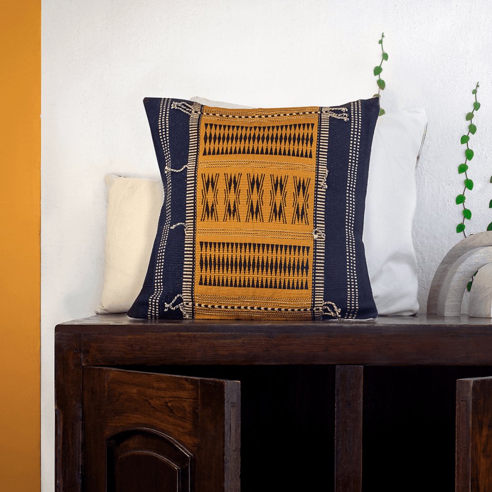 Contrast Elegance: Black & Mustard Handwoven Cushion Cover with Tassels