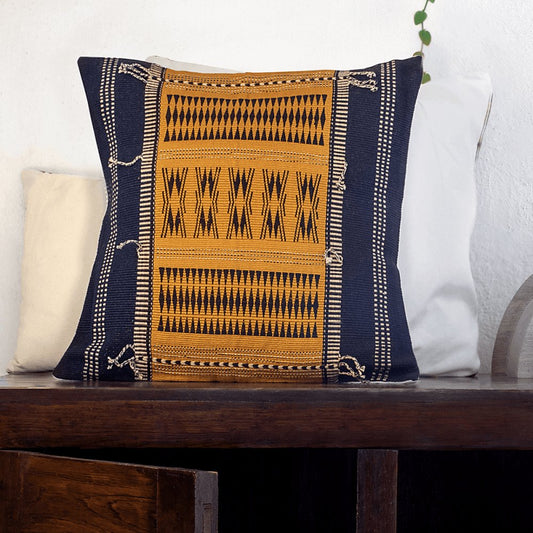 Black & Mustard Tasseled Handwoven Cushion Cover