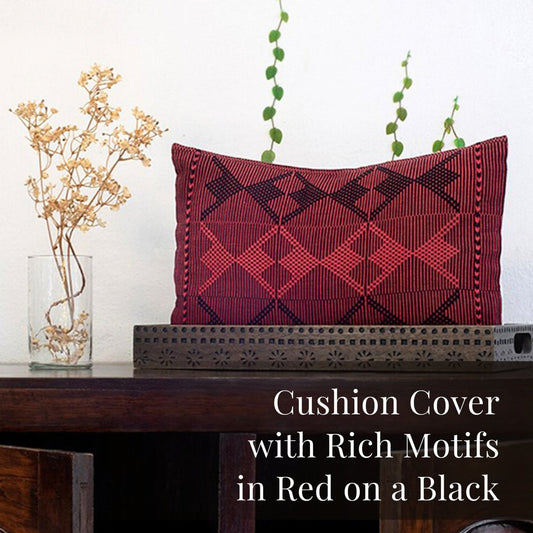 Black & Red Arrowhead Rectangular Handwoven Cushion Cover