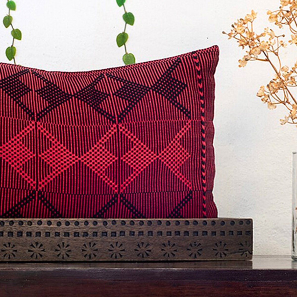 Contemporary Charm: Handwoven Rectangular Black & Red Cushion