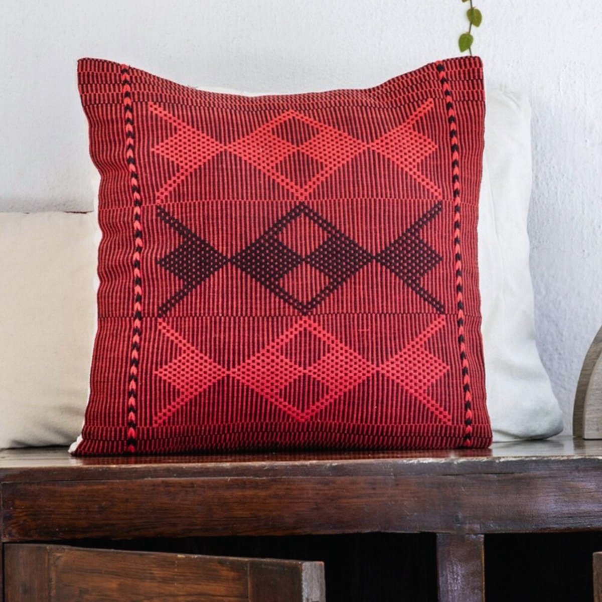 Chic Contrasts: Striking Black & Red Diamond Handwoven Cushion