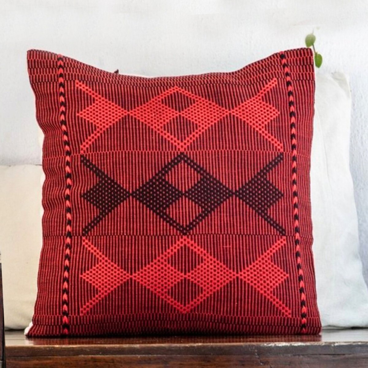 Geometric Flair: Black & Red Diamond Pattern Handwoven Cushion Cover