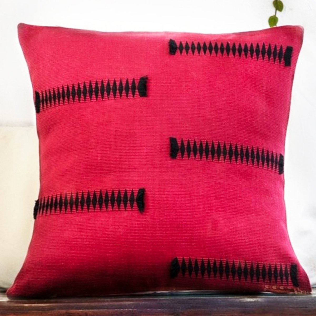 Tribal Chic: Striking Black & Red Lined Pattern Cushion Cover