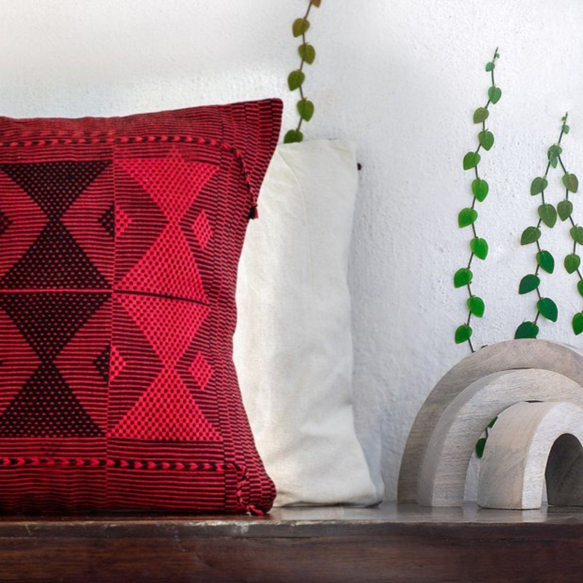 Bold Elegance: Handwoven Cushion in Black & Red Patterns