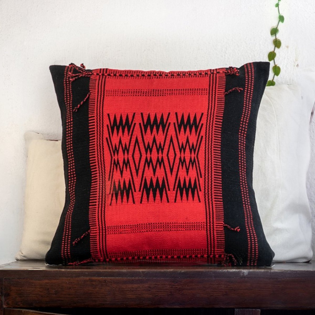 Dynamic Patterns: Tribal Handwoven Cushion in Black & Red