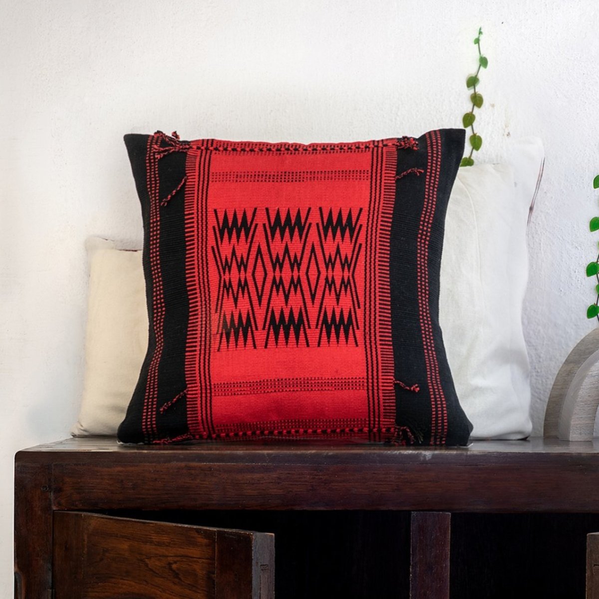 Tribal Elegance: Black & Red Handwoven Cushion Cover