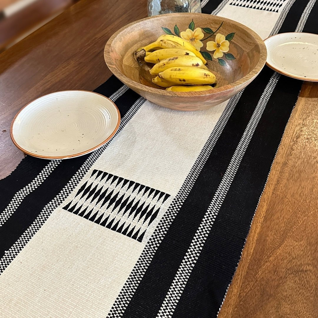 Black & White Handwoven Cotton Table Runner