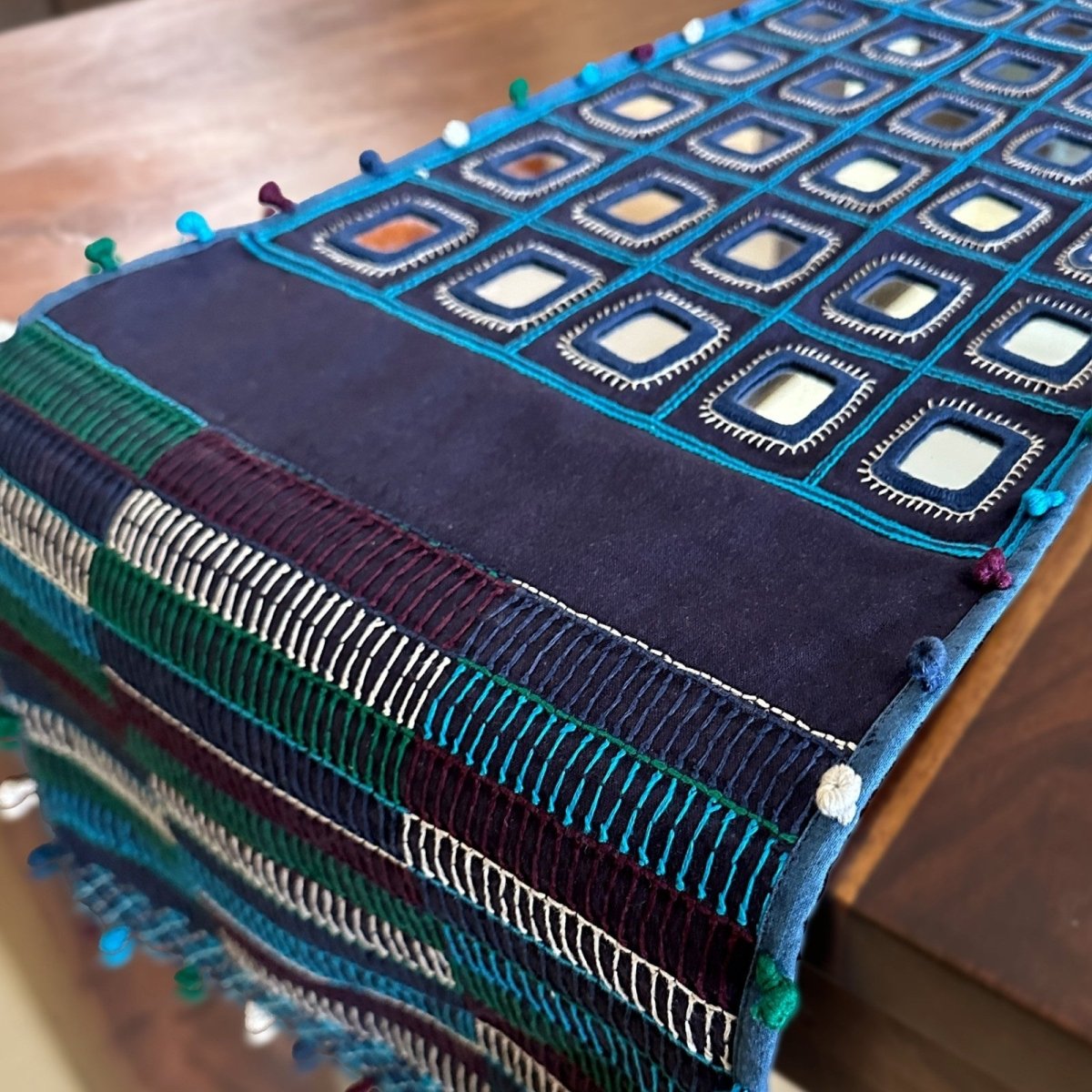 Blue Handwoven Mirror & Thread-Work Table Runner