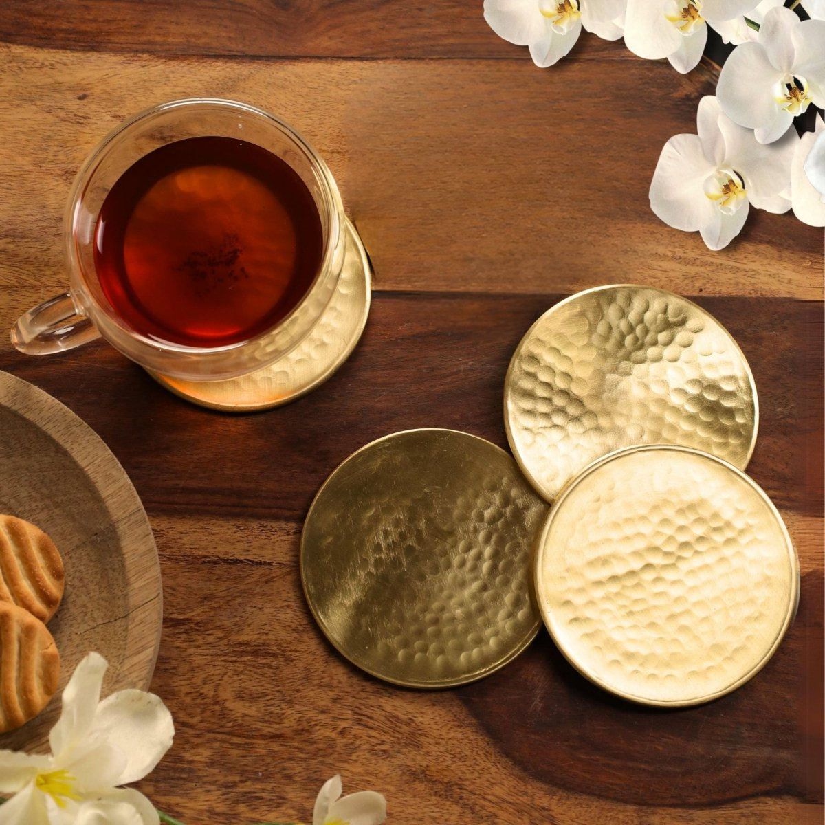 Brass Coasters - Set of 4/6 - Matt Finish Hammered Table Coasters For Drinks | Kitchen Decor Items