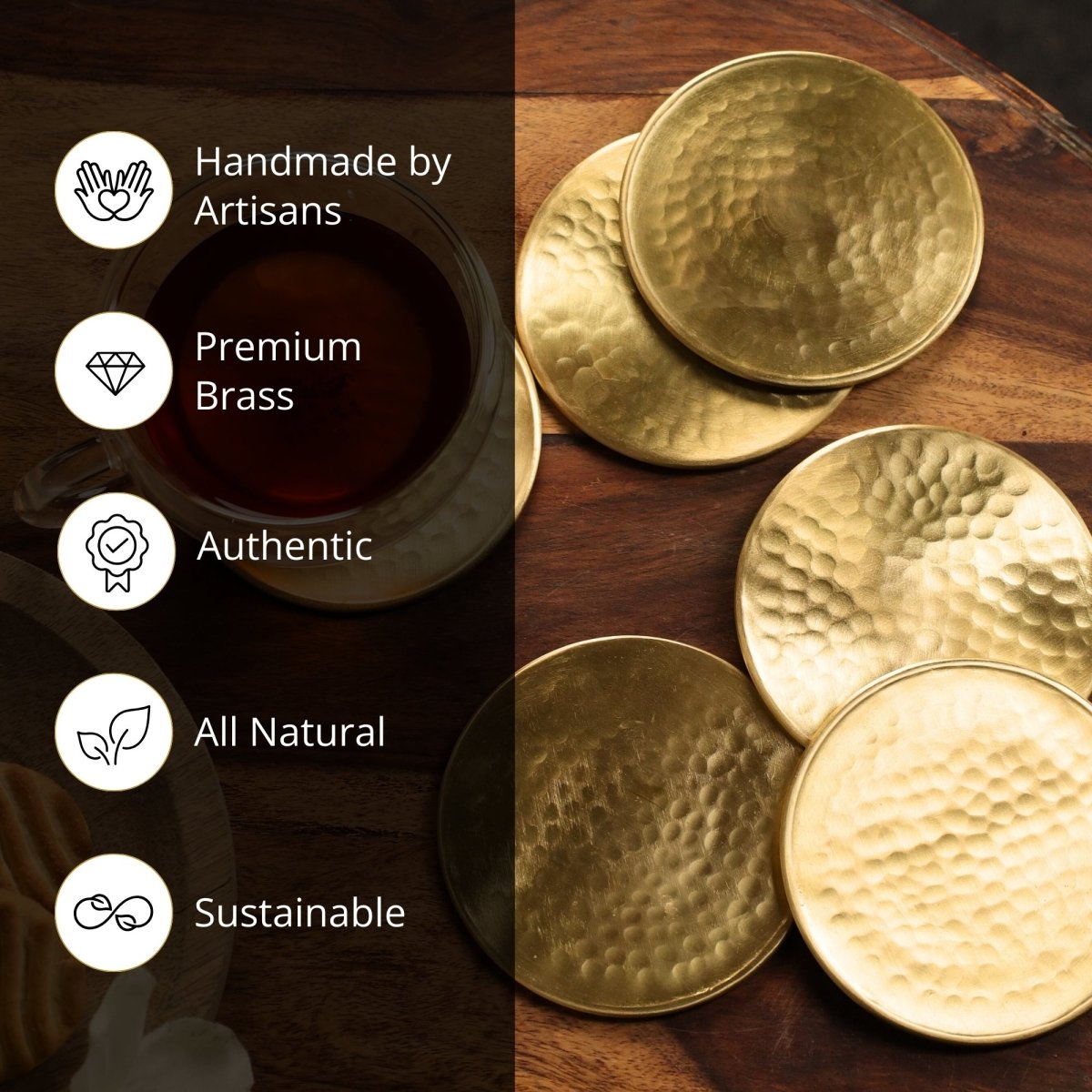 Brass Coasters - Set of 4/6 - Matt Finish Hammered Table Coasters For Drinks | Kitchen Decor Items