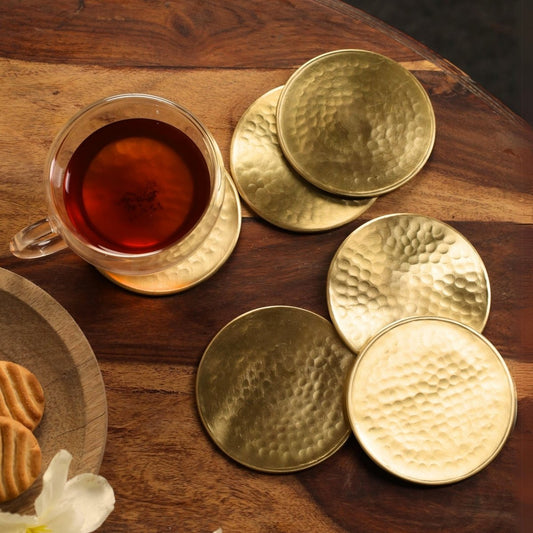 Brass Coasters - Set of 4/6 - Matt Finish Hammered Table Coasters For Drinks | Kitchen Decor Items