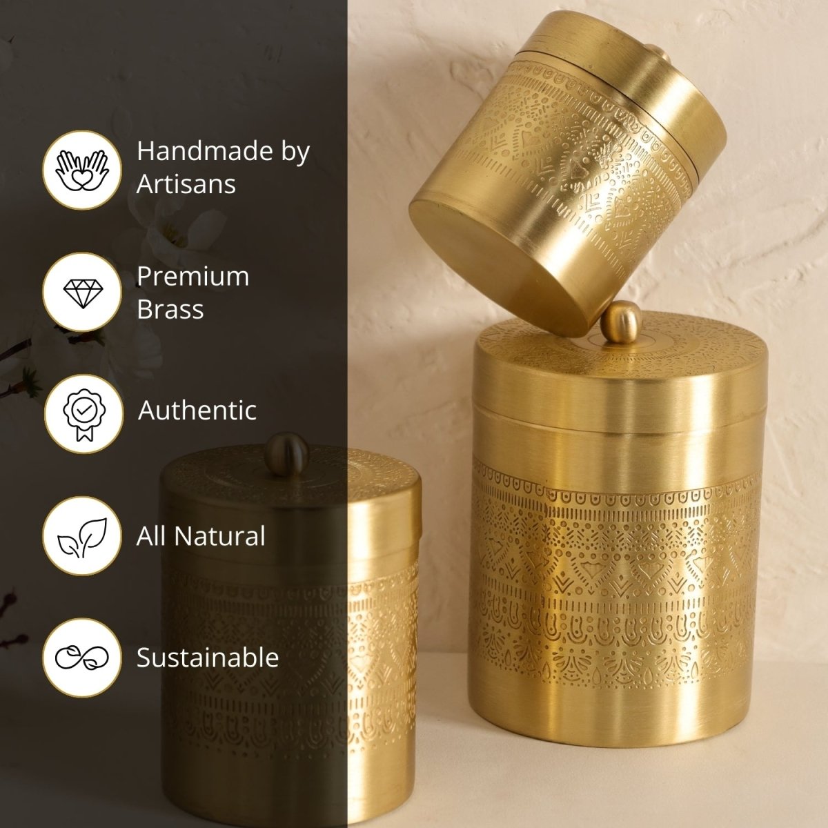 Brass Storage Jar/Container with Lid for Tea, Sugar and Spice in Kitchen Use | Combo | Small, Medium & Large | Handmade in India